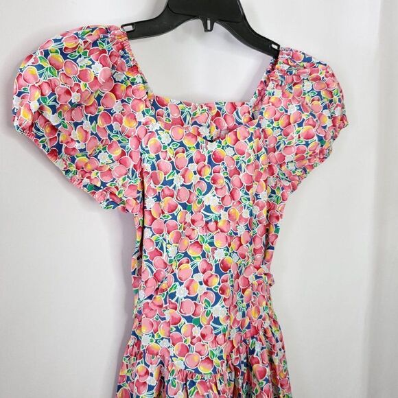 Vintage 80s Girls Dress Sz 10 Cherry Fruit Floral Prairie Cottagecore Pink Blue - Picture 2 of 4